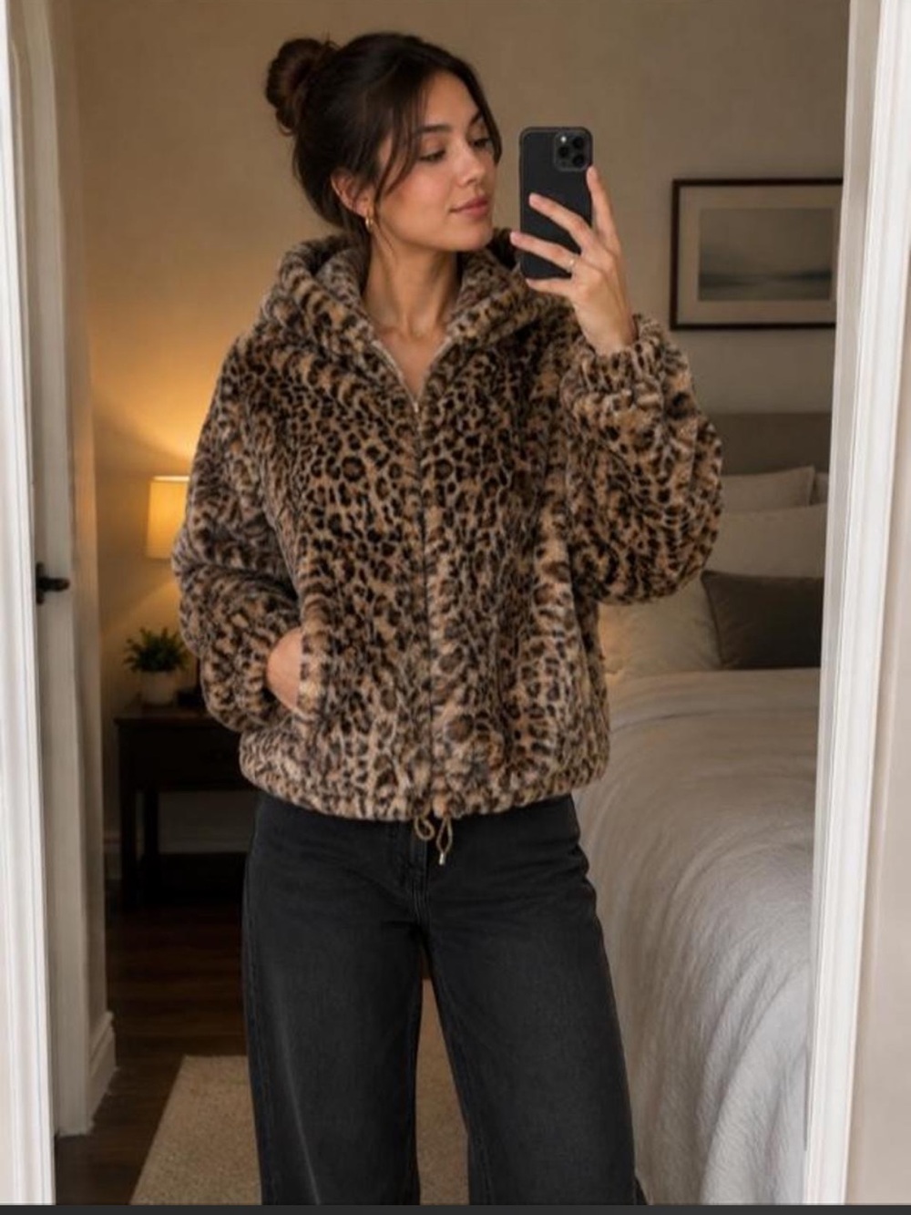 Lucky Brand Leopard Teddy Jacket w/ Hood Size Small
